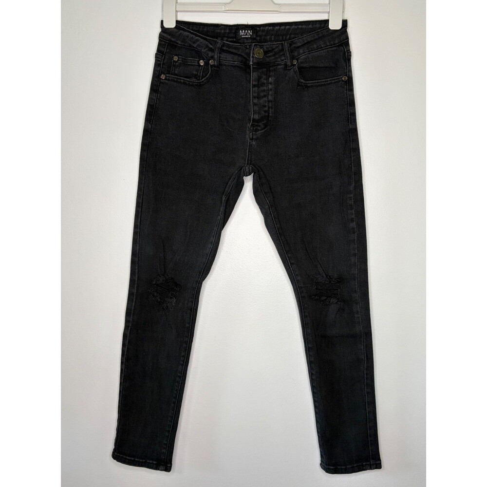 Boohooman Men's Distressed Button Fly Black Jeans Size 32R